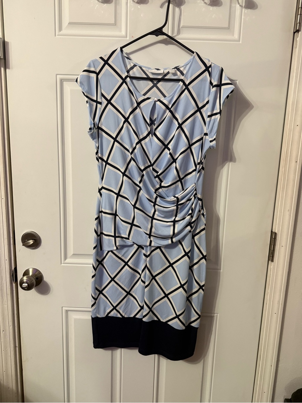 New York & Company Light Blue Geometric Faux Wrap Midi Dress L